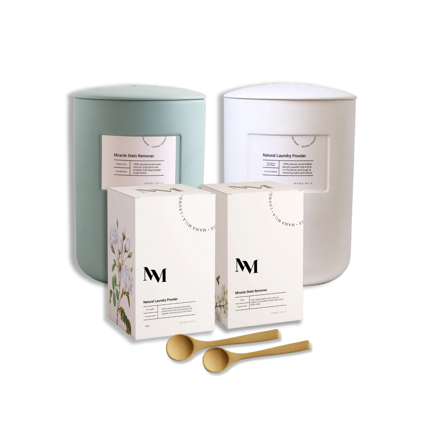Photo of Miracle Stain Remover and Natural Laundry Powder, with one white clay jar, one sea green jar and two wooden spoon