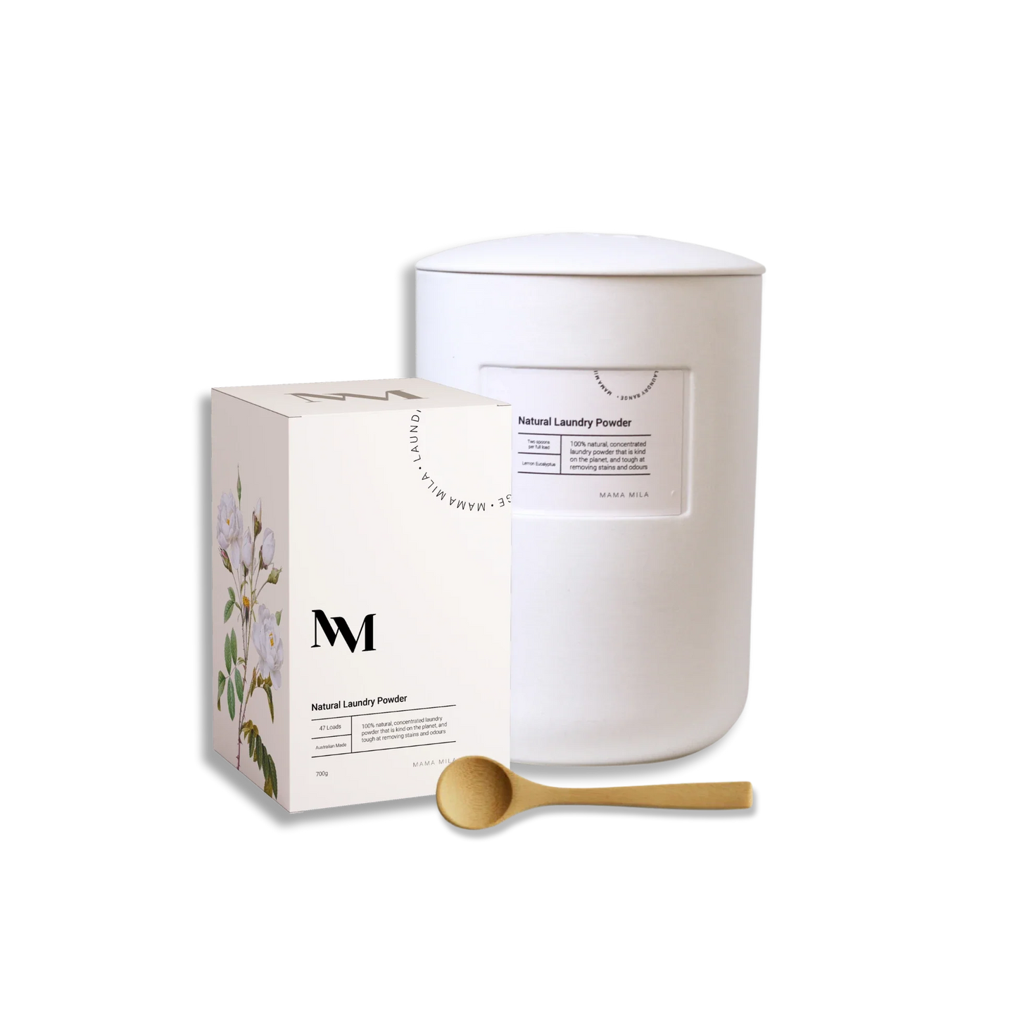 Photo of Natural Laundry Powder with one white jar and wooden spoon